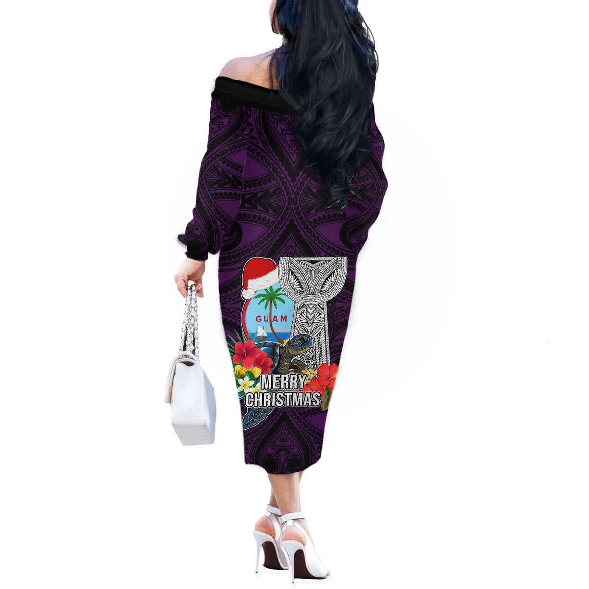Guam Christmas Off The Shoulder Long Sleeve Dress Santa Gift Latte Stone and Sea Turle Mix Hibiscus Chamorro Pink Style LT03 - Polynesian Pride