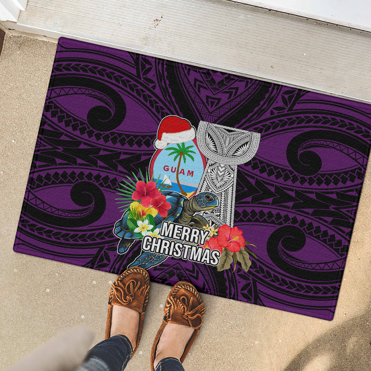 Guam Christmas Rubber Doormat Santa Gift Latte Stone and Sea Turle Mix Hibiscus Chamorro Pink Style LT03
