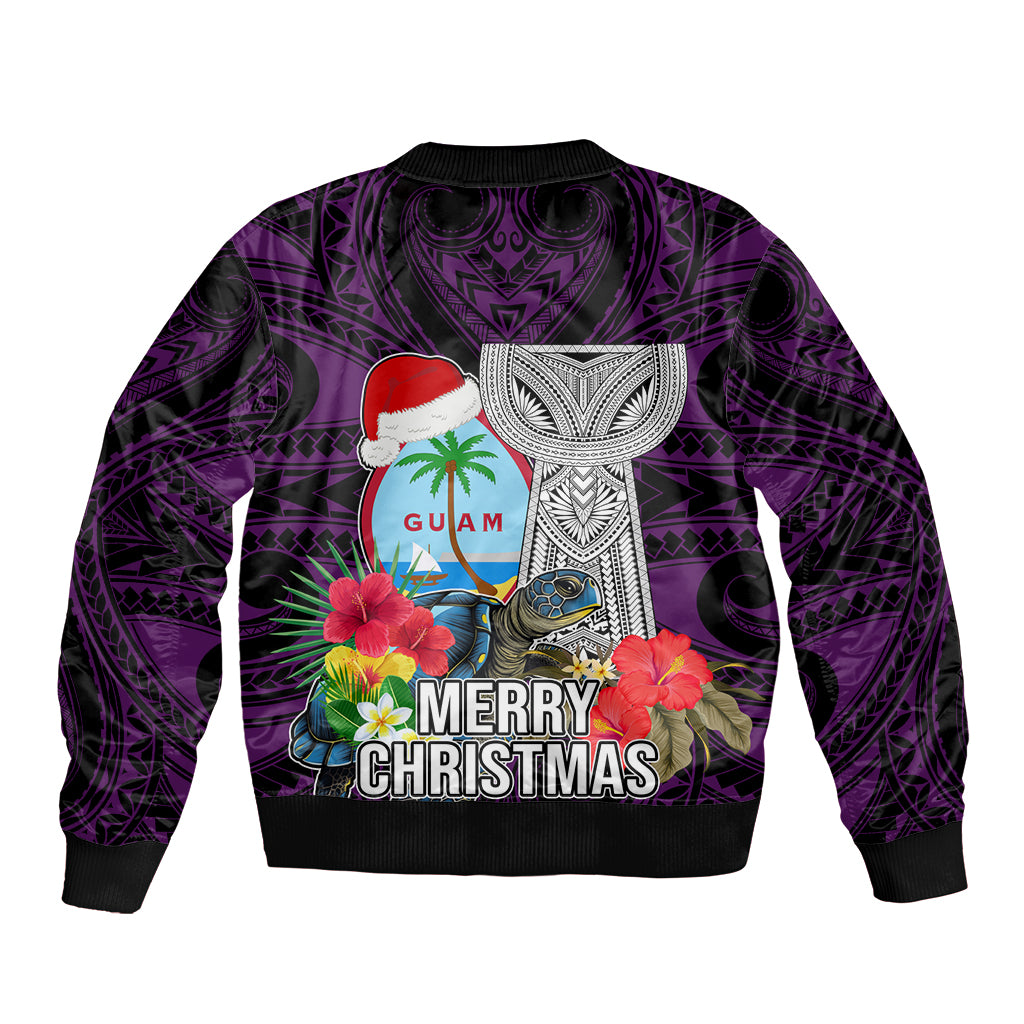 Guam Christmas Sleeve Zip Bomber Jacket Santa Gift Latte Stone and Sea Turle Mix Hibiscus Chamorro Pink Style LT03