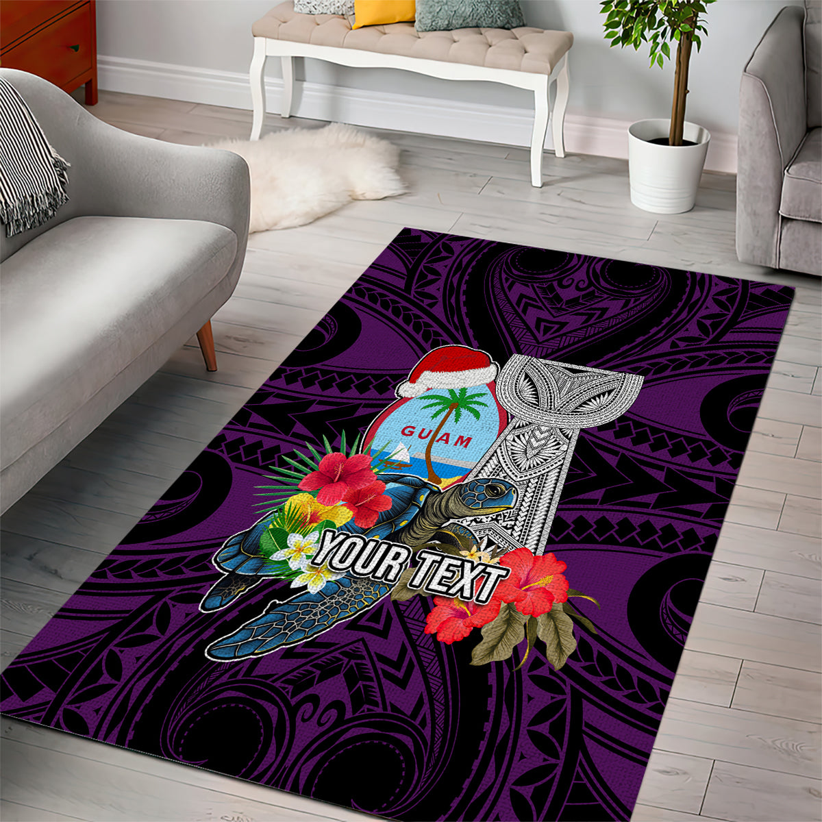 Custom Guam Christmas Area Rug Santa Gift Latte Stone and Sea Turle Mix Hibiscus Chamorro Pink Style LT03
