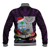 Custom Guam Christmas Baseball Jacket Santa Gift Latte Stone and Sea Turle Mix Hibiscus Chamorro Pink Style LT03