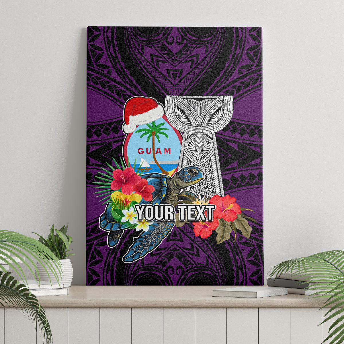 Custom Guam Christmas Canvas Wall Art Santa Gift Latte Stone and Sea Turle Mix Hibiscus Chamorro Pink Style LT03
