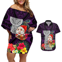 Custom Guam Christmas Couples Matching Off Shoulder Short Dress and Hawaiian Shirt Santa Gift Latte Stone and Sea Turle Mix Hibiscus Chamorro Pink Style LT03 Pink - Polynesian Pride