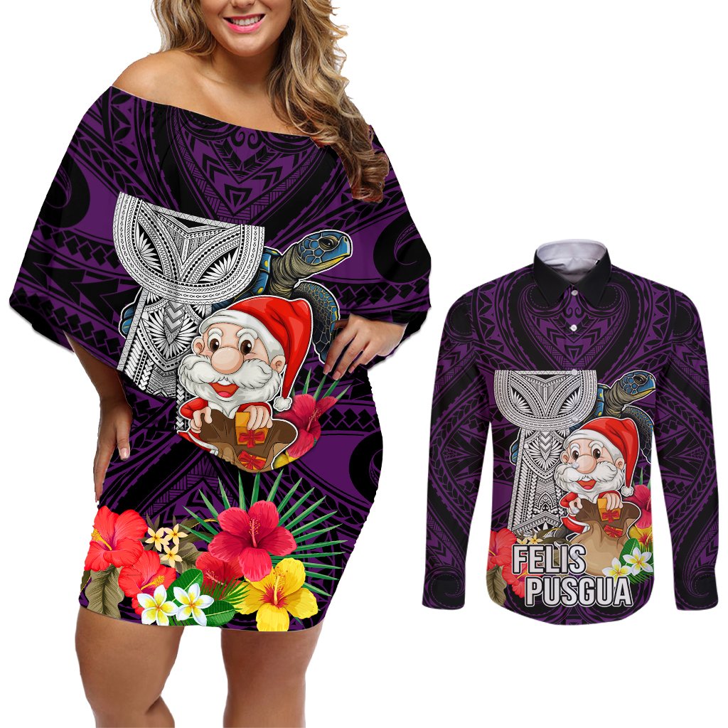 Custom Guam Christmas Couples Matching Off Shoulder Short Dress and Long Sleeve Button Shirt Santa Gift Latte Stone and Sea Turle Mix Hibiscus Chamorro Pink Style LT03 Pink - Polynesian Pride