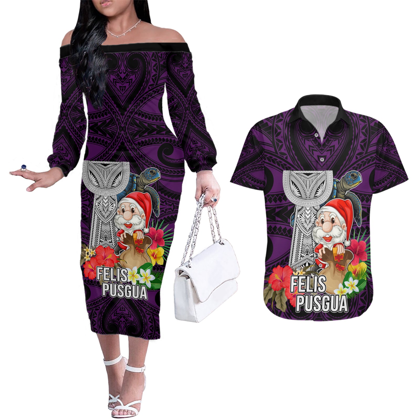 Custom Guam Christmas Couples Matching Off The Shoulder Long Sleeve Dress and Hawaiian Shirt Santa Gift Latte Stone and Sea Turle Mix Hibiscus Chamorro Pink Style LT03
