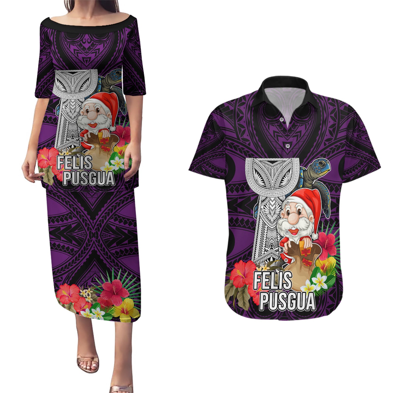 Custom Guam Christmas Couples Matching Puletasi Dress and Hawaiian Shirt Santa Gift Latte Stone and Sea Turle Mix Hibiscus Chamorro Pink Style LT03