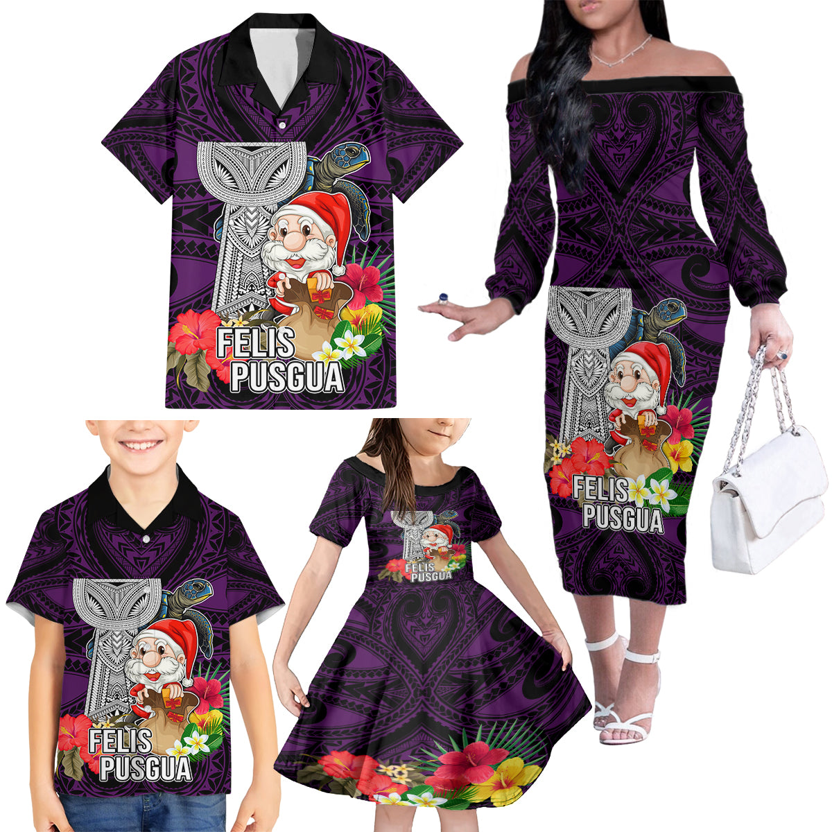 Custom Guam Christmas Family Matching Off Shoulder Long Sleeve Dress and Hawaiian Shirt Santa Gift Latte Stone and Sea Turle Mix Hibiscus Chamorro Pink Style LT03 - Polynesian Pride