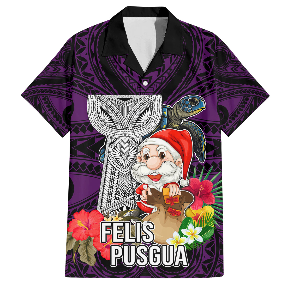 Custom Guam Christmas Family Matching Off Shoulder Maxi Dress and Hawaiian Shirt Santa Gift Latte Stone and Sea Turle Mix Hibiscus Chamorro Pink Style LT03 Dad's Shirt - Short Sleeve Pink - Polynesian Pride