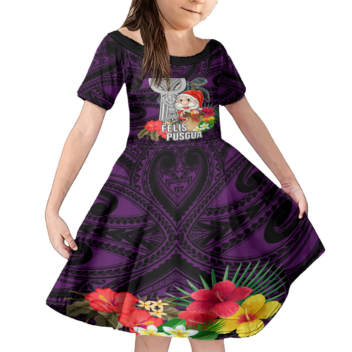 Custom Guam Christmas Family Matching Off Shoulder Short Dress and Hawaiian Shirt Santa Gift Latte Stone and Sea Turle Mix Hibiscus Chamorro Pink Style LT03 Daughter's Dress Pink - Polynesian Pride