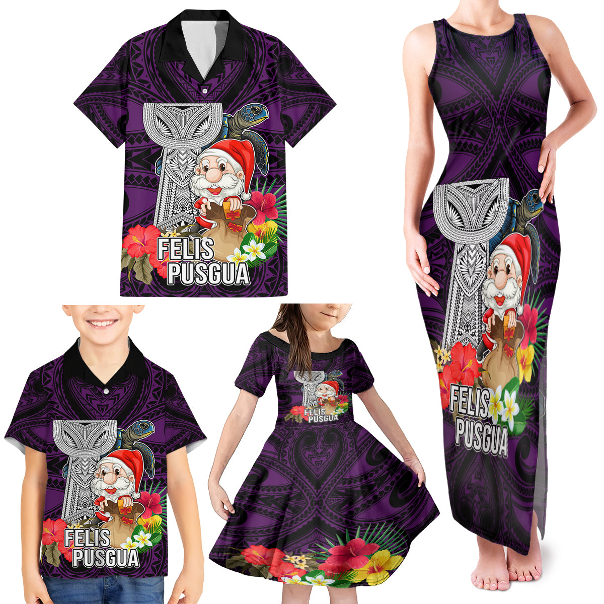 Custom Guam Christmas Family Matching Tank Maxi Dress and Hawaiian Shirt Santa Gift Latte Stone and Sea Turle Mix Hibiscus Chamorro Pink Style LT03 - Polynesian Pride