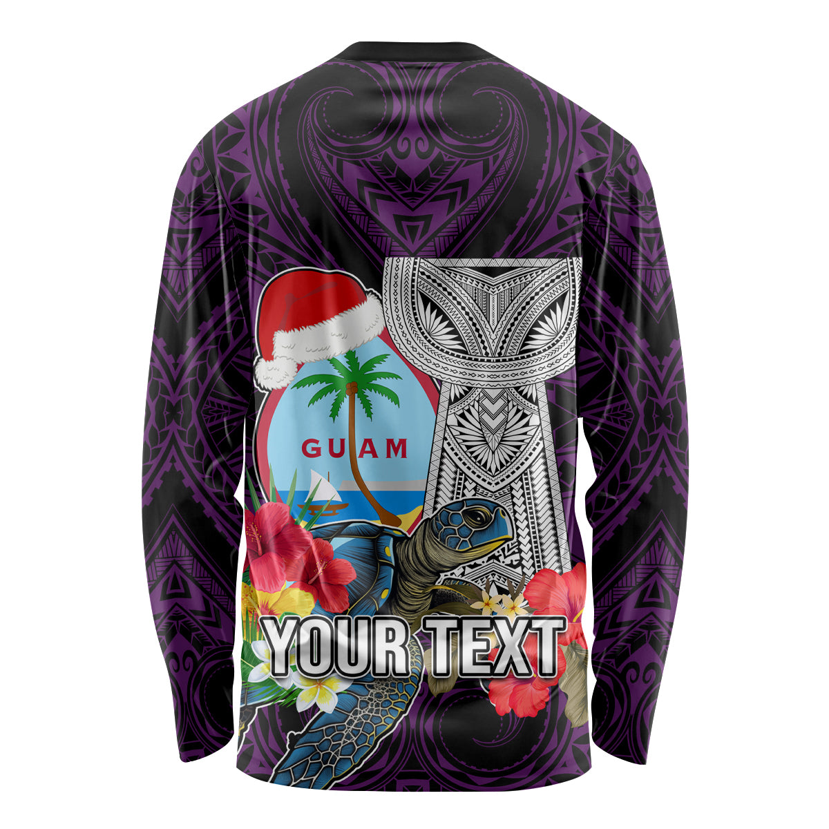 Custom Guam Christmas Long Sleeve Shirt Santa Gift Latte Stone and Sea Turle Mix Hibiscus Chamorro Pink Style LT03