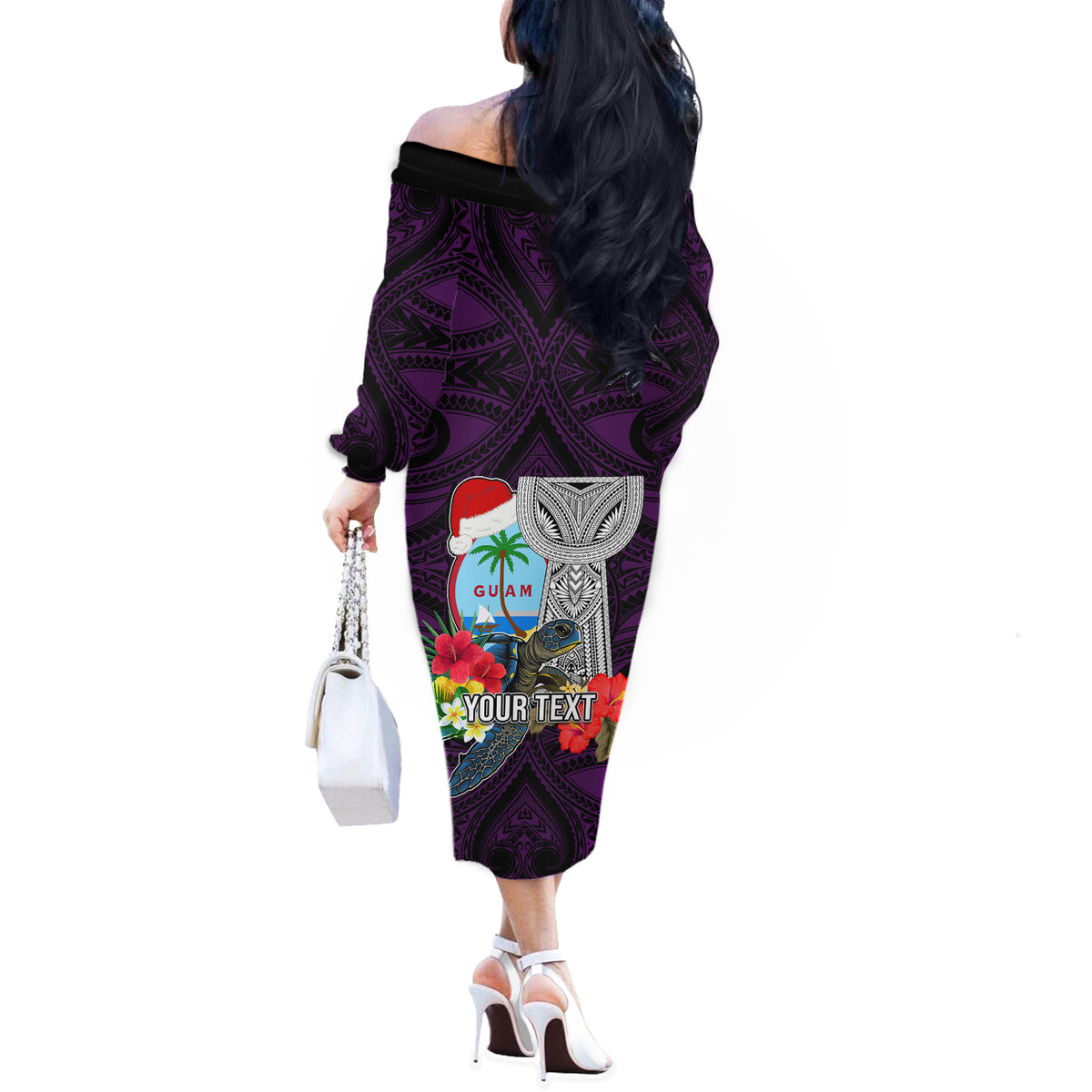Custom Guam Christmas Off The Shoulder Long Sleeve Dress Santa Gift Latte Stone and Sea Turle Mix Hibiscus Chamorro Pink Style LT03 - Polynesian Pride