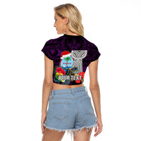Custom Guam Christmas Raglan Cropped T Shirt Santa Gift Latte Stone and Sea Turle Mix Hibiscus Chamorro Pink Style LT03