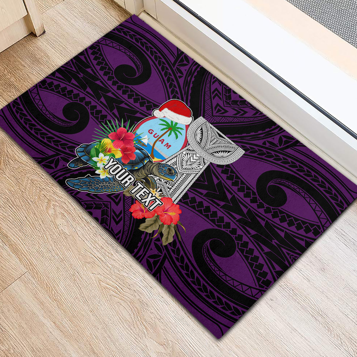 Custom Guam Christmas Rubber Doormat Santa Gift Latte Stone and Sea Turle Mix Hibiscus Chamorro Pink Style LT03
