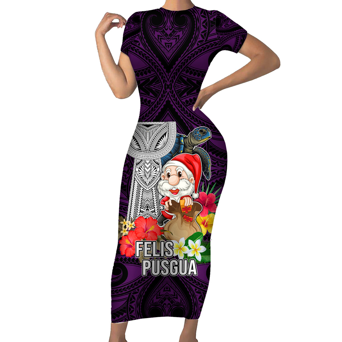 Custom Guam Christmas Short Sleeve Bodycon Dress Santa Gift Latte Stone and Sea Turle Mix Hibiscus Chamorro Pink Style LT03