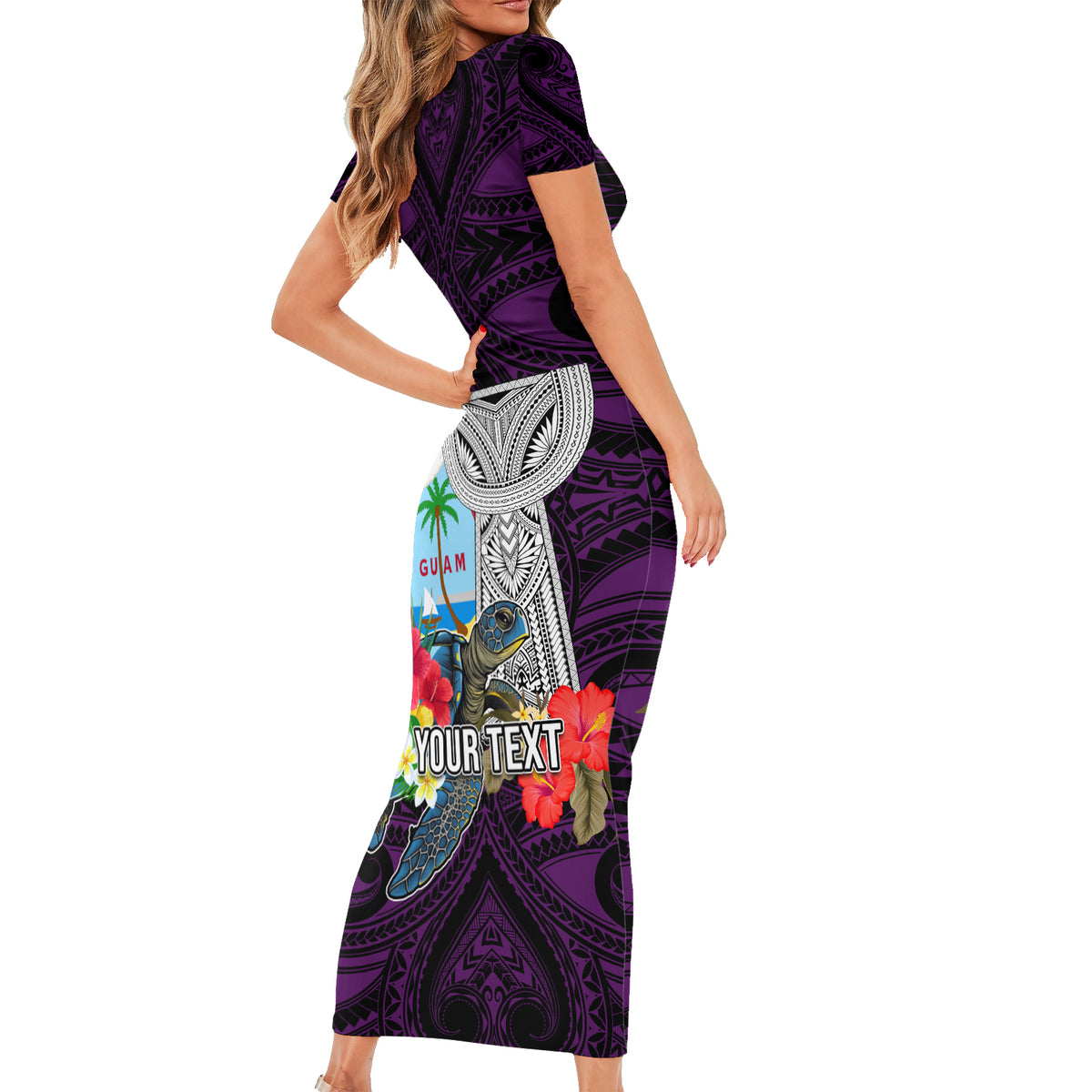 Custom Guam Christmas Short Sleeve Bodycon Dress Santa Gift Latte Stone and Sea Turle Mix Hibiscus Chamorro Pink Style LT03