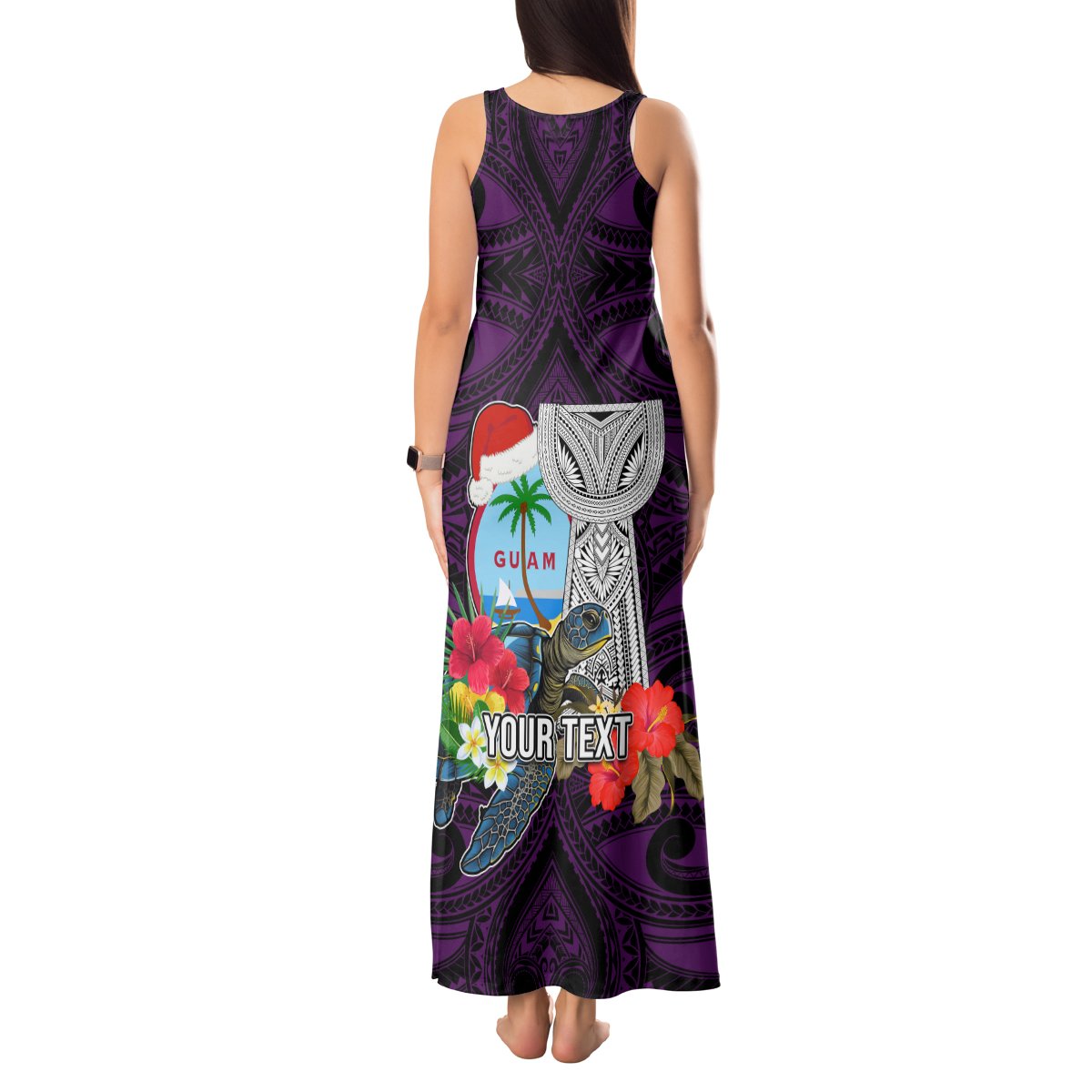 Custom Guam Christmas Tank Maxi Dress Santa Gift Latte Stone and Sea Turle Mix Hibiscus Chamorro Pink Style LT03