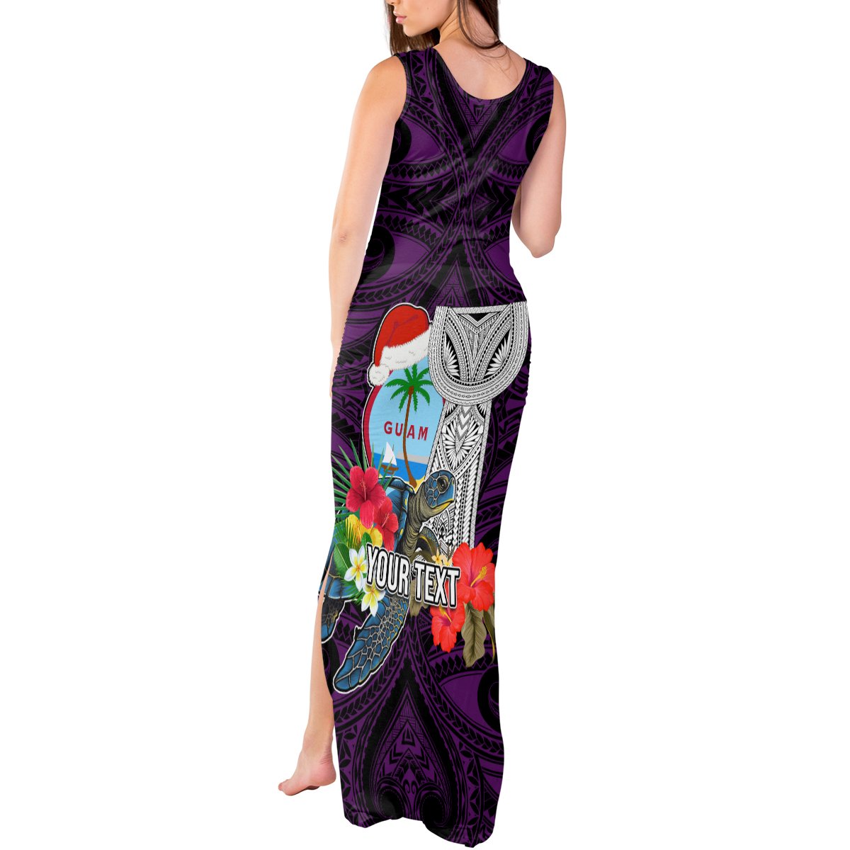 Custom Guam Christmas Tank Maxi Dress Santa Gift Latte Stone and Sea Turle Mix Hibiscus Chamorro Pink Style LT03