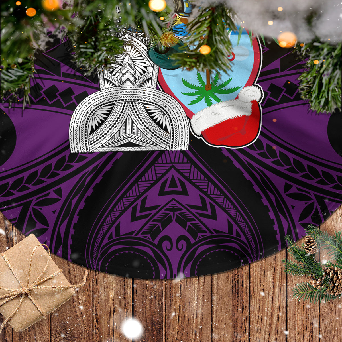Custom Guam Christmas Tree Skirt Santa Gift Latte Stone and Sea Turle Mix Hibiscus Chamorro Pink Style LT03
