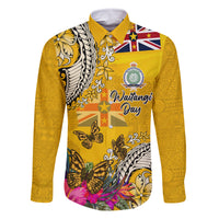 Niue Waitangi Family Matching Off Shoulder Long Sleeve Dress and Hawaiian Shirt Tropical Flower Tapa Pattern LT03 Dad's Shirt - Long Sleeve Yellow - Polynesian Pride