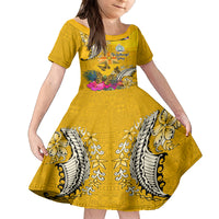 Niue Waitangi Kid Short Sleeve Dress Tropical Flower Tapa Pattern LT03 KID Yellow - Polynesian Pride