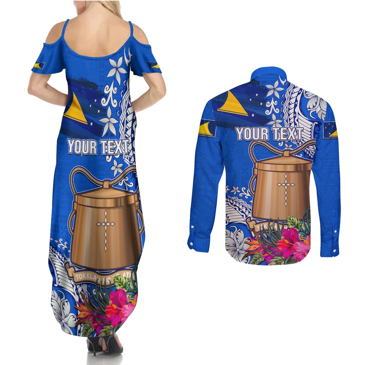 Tokelau Waitangi Couples Matching Summer Maxi Dress and Long Sleeve Button Shirt Tropical Flower Tapa Pattern LT03 - Polynesian Pride