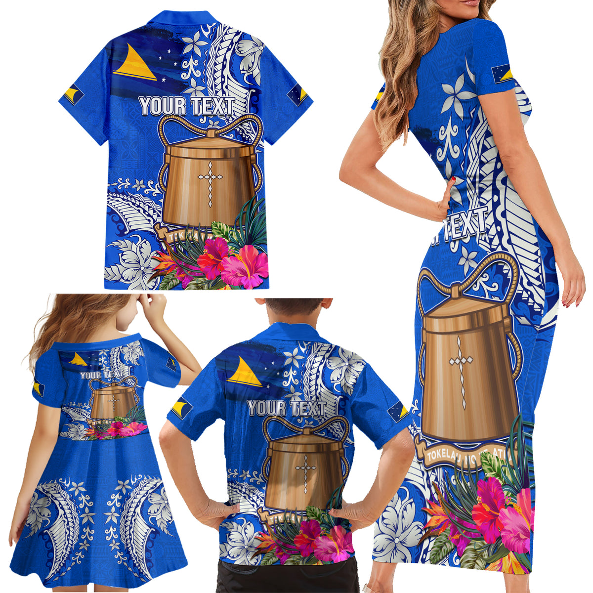 Tokelau Waitangi Family Matching Short Sleeve Bodycon Dress and Hawaiian Shirt Tropical Flower Tapa Pattern LT03 - Polynesian Pride