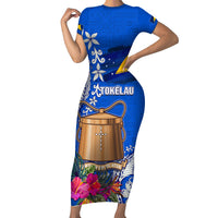 Tokelau Waitangi Family Matching Short Sleeve Bodycon Dress and Hawaiian Shirt Tropical Flower Tapa Pattern LT03 Mom's Dress Blue - Polynesian Pride