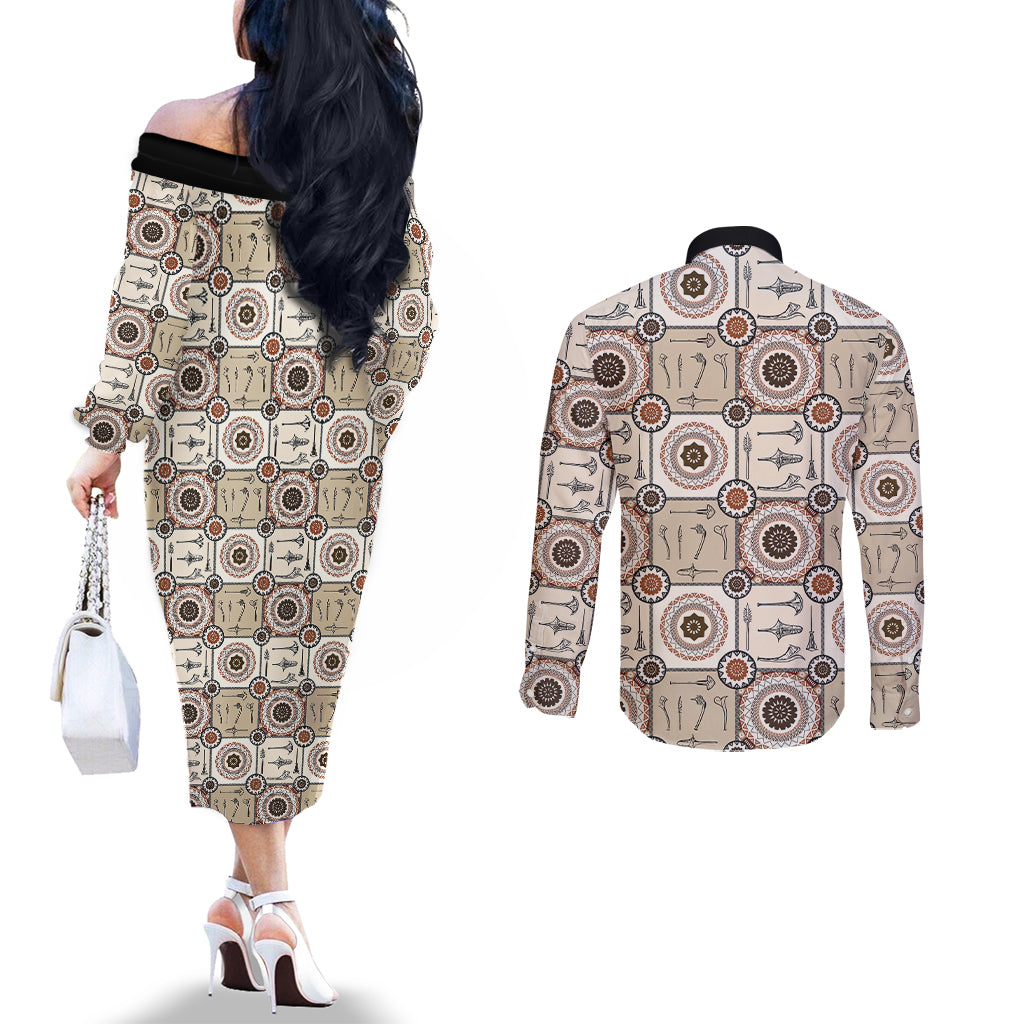 Tukenny Pattern Fijian War Clubs Couples Matching Off The Shoulder Long Sleeve Dress and Long Sleeve Button Shirt LT03 - Polynesian Pride