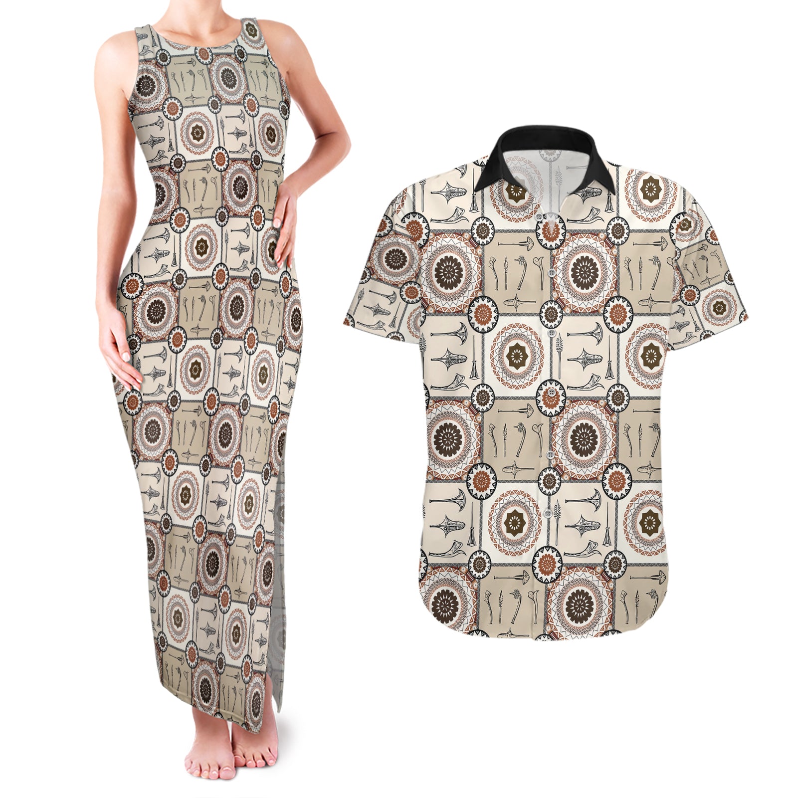 Tukenny Pattern Fijian War Clubs Couples Matching Tank Maxi Dress and Hawaiian Shirt LT03 Beige - Polynesian Pride