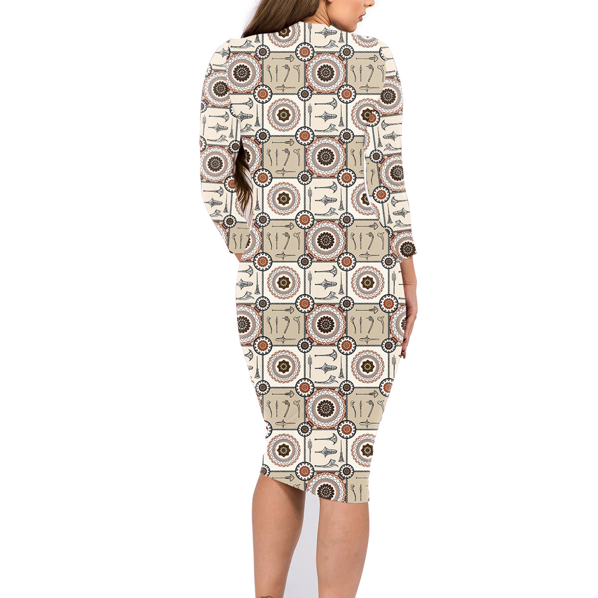 Tukenny Pattern Fijian War Clubs Family Matching Long Sleeve Bodycon Dress and Hawaiian Shirt LT03 - Polynesian Pride
