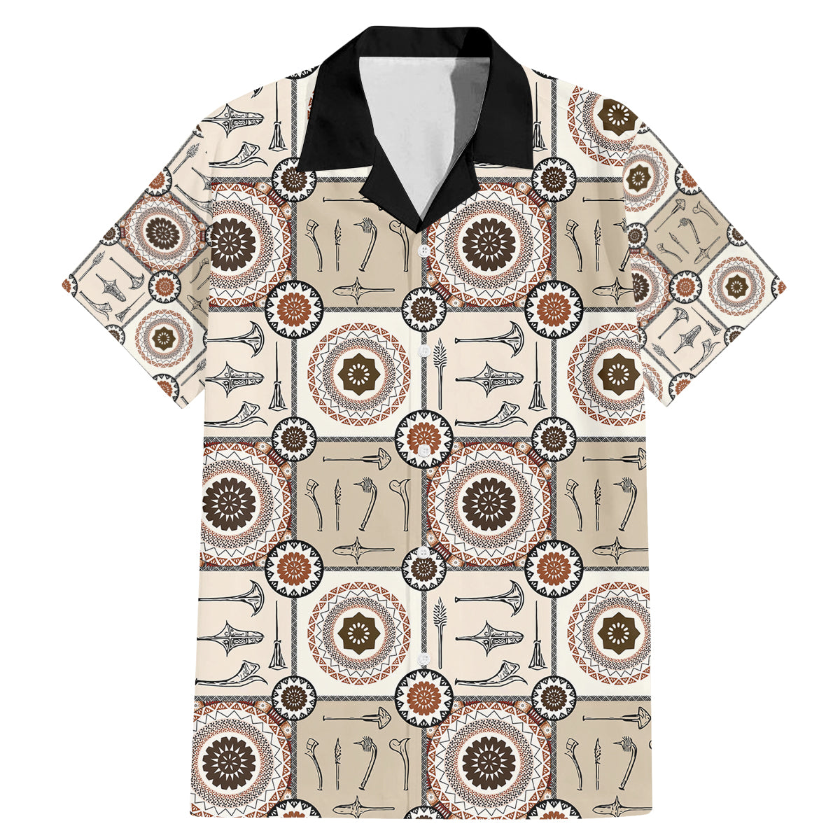 Tukenny Pattern Fijian War Clubs Family Matching Mermaid Dress and Hawaiian Shirt LT03 Dad's Shirt - Short Sleeve Beige - Polynesian Pride