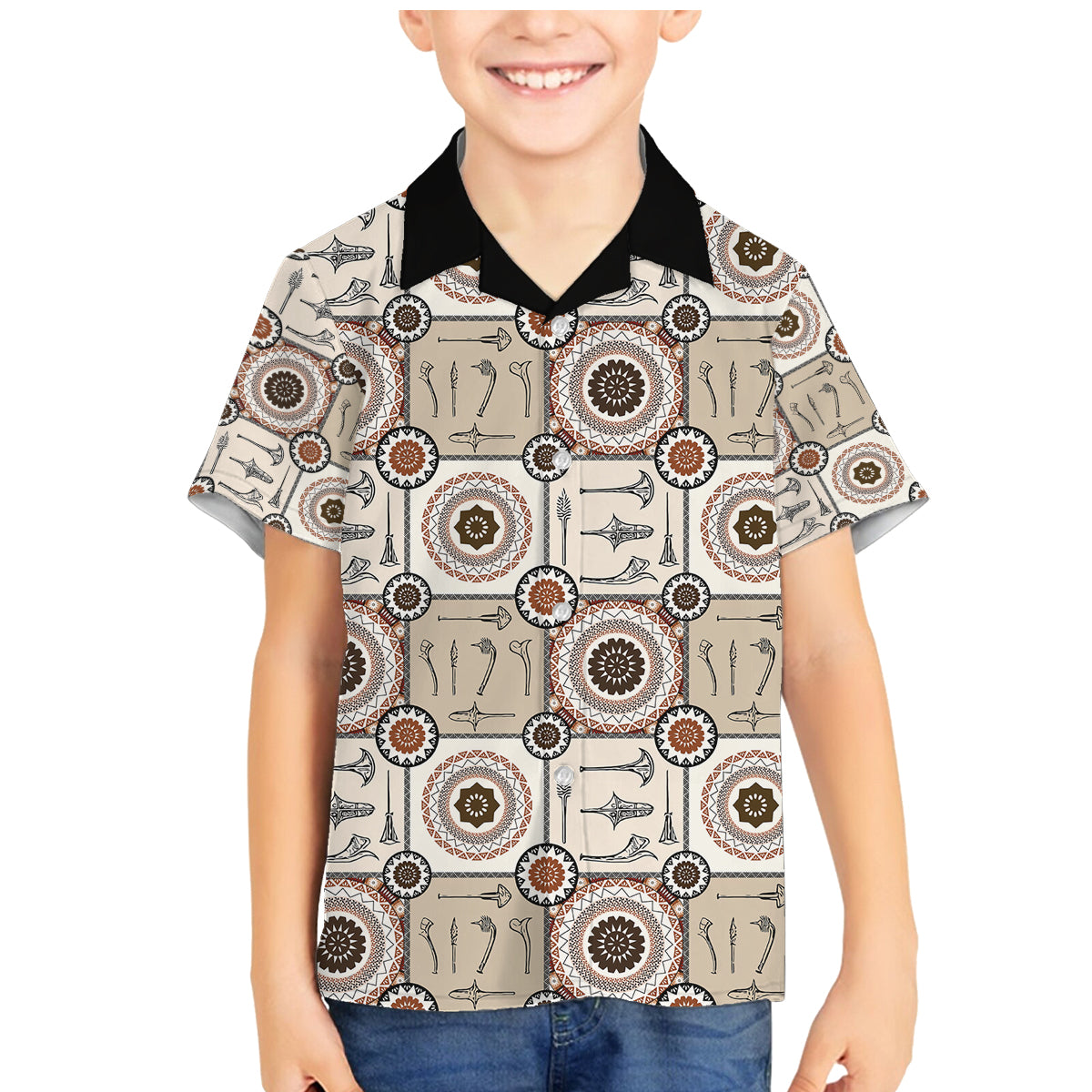 Tukenny Pattern Fijian War Clubs Family Matching Mermaid Dress and Hawaiian Shirt LT03 Son's Shirt Beige - Polynesian Pride