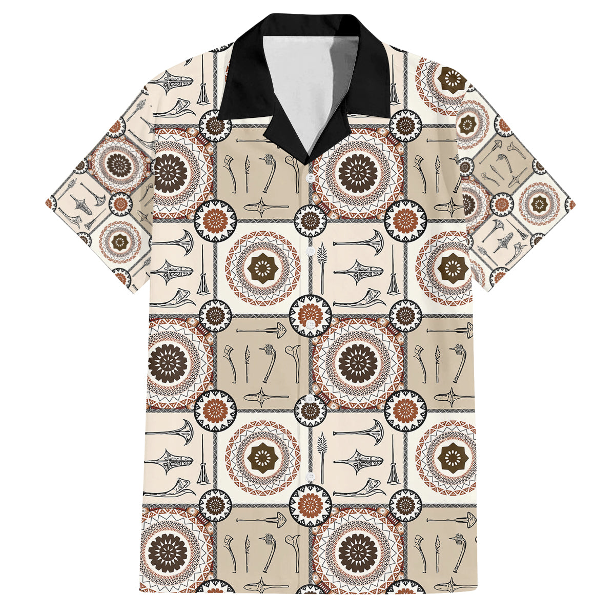 Tukenny Pattern Fijian War Clubs Family Matching Off Shoulder Long Sleeve Dress and Hawaiian Shirt LT03 Dad's Shirt - Short Sleeve Beige - Polynesian Pride
