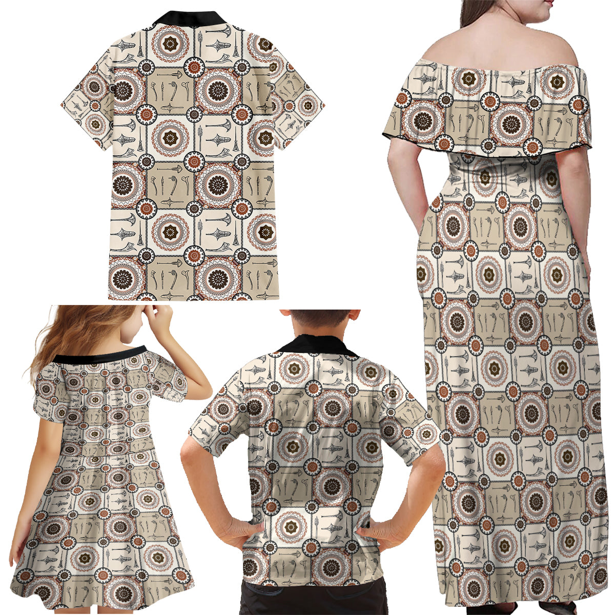 Tukenny Pattern Fijian War Clubs Family Matching Off Shoulder Maxi Dress and Hawaiian Shirt LT03 - Polynesian Pride