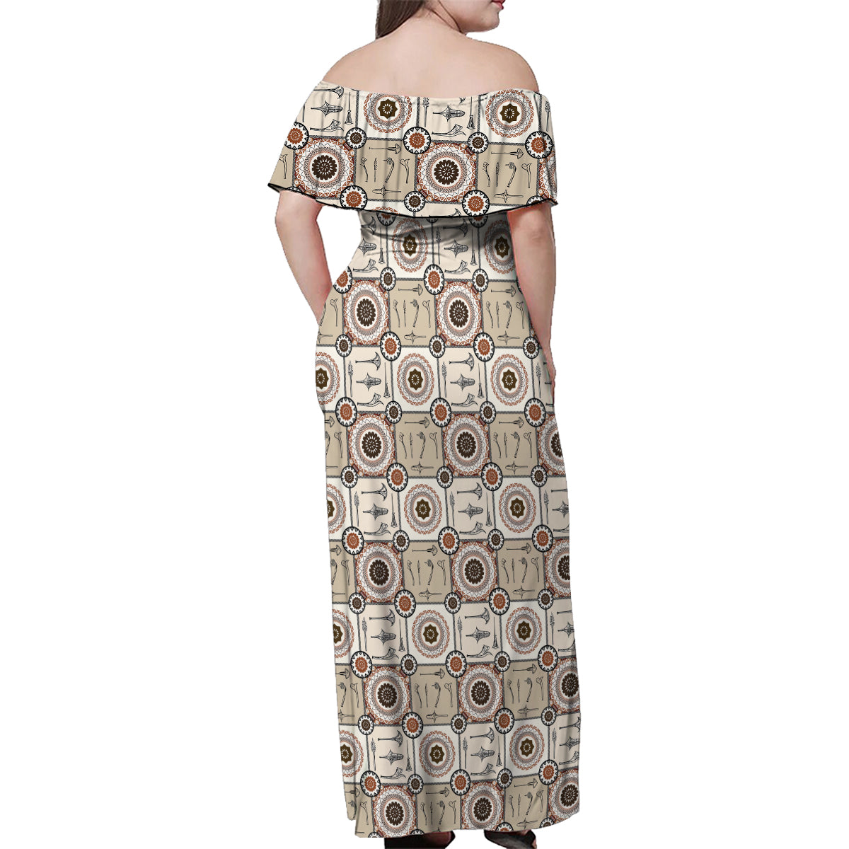 Tukenny Pattern Fijian War Clubs Family Matching Off Shoulder Maxi Dress and Hawaiian Shirt LT03 - Polynesian Pride