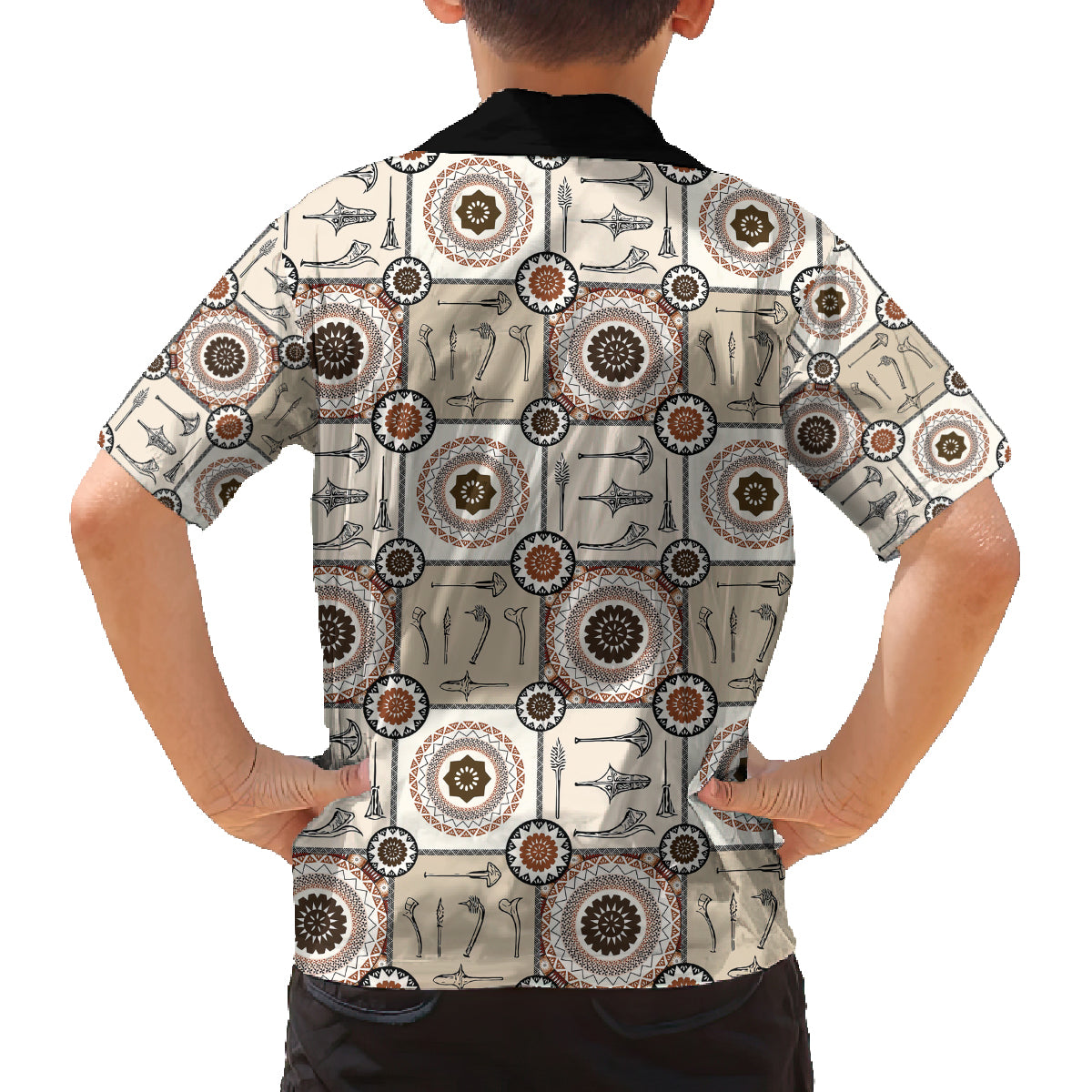 Tukenny Pattern Fijian War Clubs Family Matching Off Shoulder Short Dress and Hawaiian Shirt LT03 - Polynesian Pride