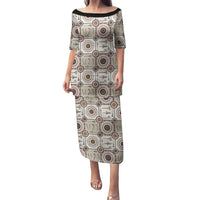 Tukenny Pattern Fijian War Clubs Family Matching Puletasi and Hawaiian Shirt LT03 Mom's Dress Beige - Polynesian Pride