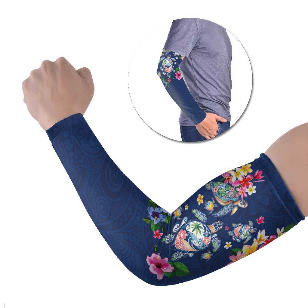 Hawaiian Turtles and Tropical Plants Arm Sleeves Blue Watercolor