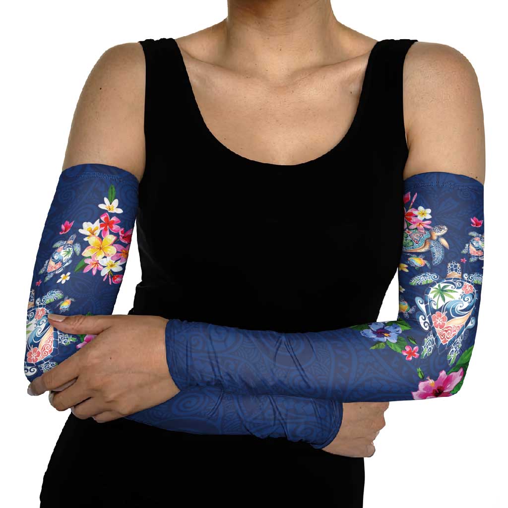 Hawaiian Turtles and Tropical Plants Arm Sleeves Blue Watercolor