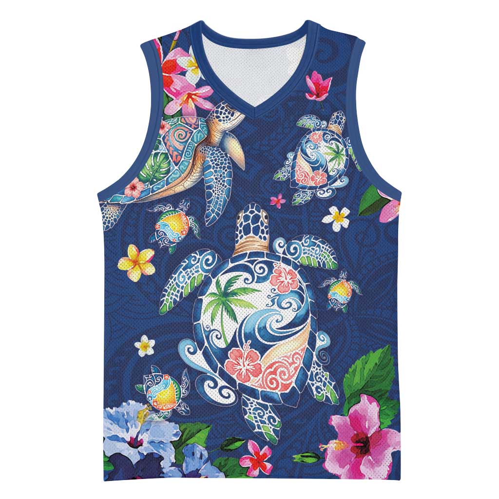 Hawaiian Turtles and Tropical Plants Basketball Jersey Blue Watercolor