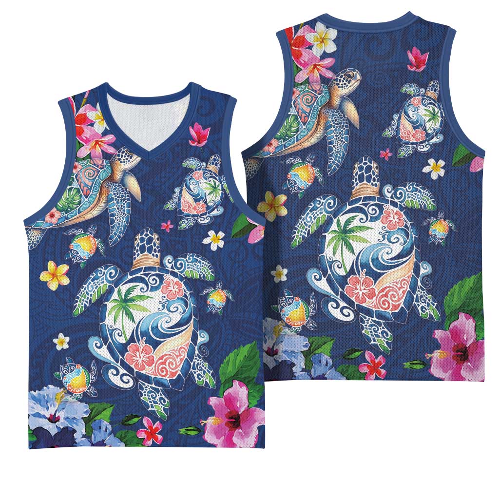 Hawaiian Turtles and Tropical Plants Basketball Jersey Blue Watercolor