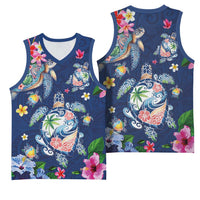 Hawaiian Turtles and Tropical Plants Basketball Jersey Blue Watercolor