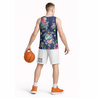 Hawaiian Turtles and Tropical Plants Basketball Jersey Blue Watercolor