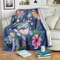 Hawaiian Turtles and Tropical Plants Blanket Blue Watercolor