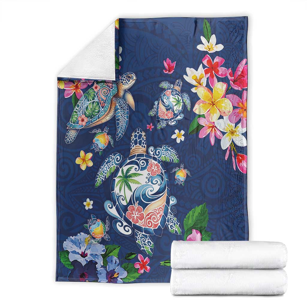 Hawaiian Turtles and Tropical Plants Blanket Blue Watercolor