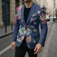 Hawaiian Turtles and Tropical Plants Blazer Blue Watercolor