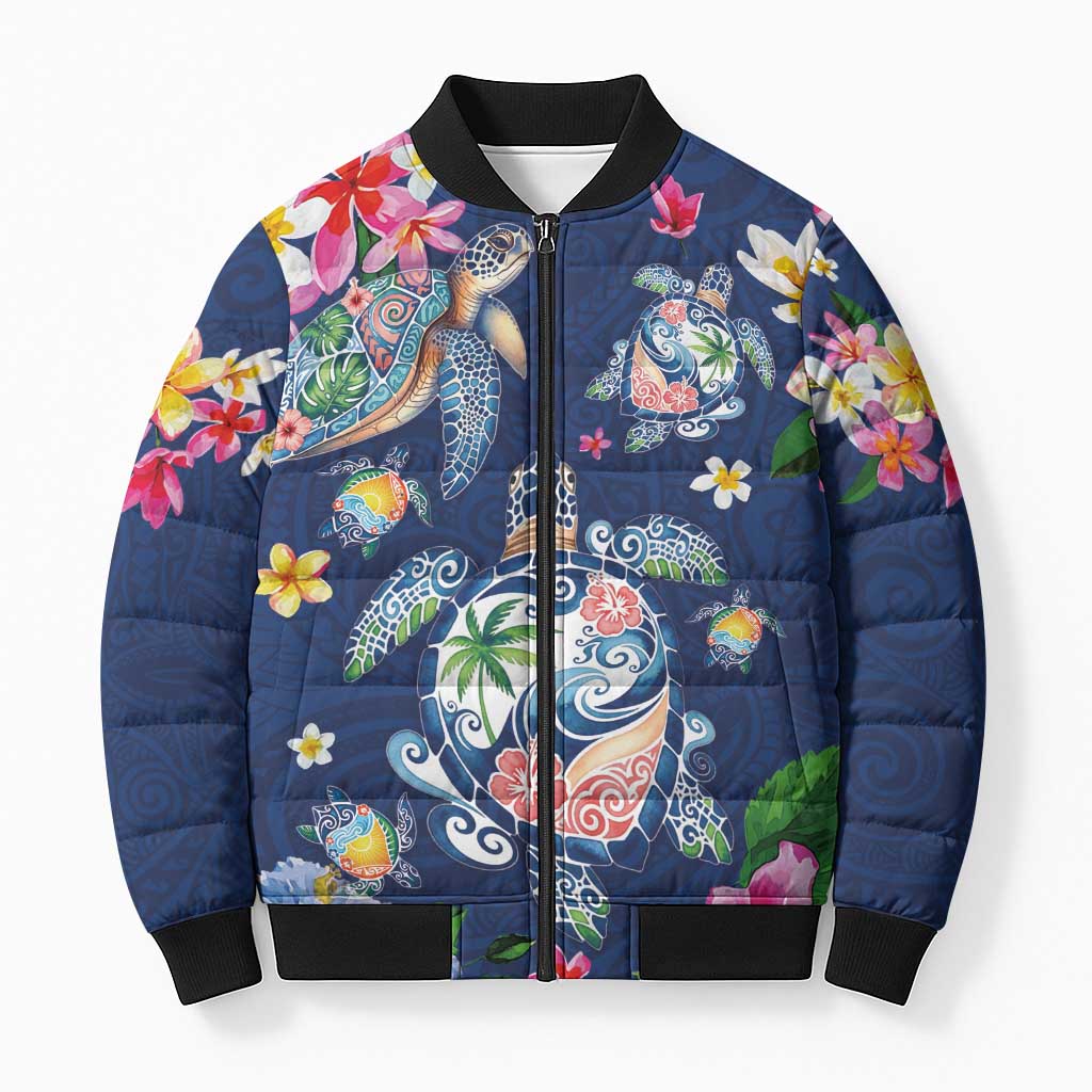 Hawaiian Turtles and Tropical Plants Bomber Puffer Jacket Blue Watercolor LT03 Unisex Blue - Polynesian Pride