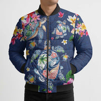 Hawaiian Turtles and Tropical Plants Bomber Puffer Jacket Blue Watercolor