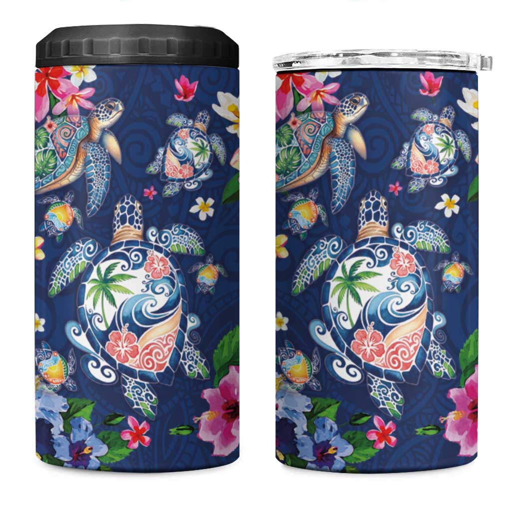 Hawaiian Turtles and Tropical Plants 4 in 1 Can Cooler Tumbler Blue Watercolor